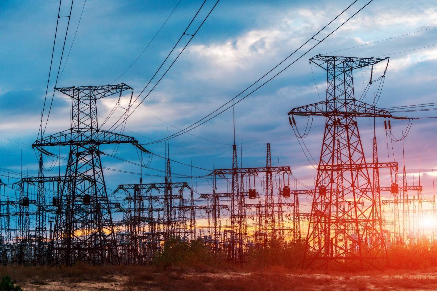 High-voltage pylons of the electricity distribution grid